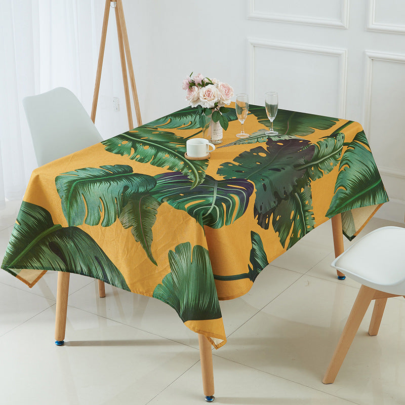 Tropical Green Plant Linen Waterproof Tablecloth Palm Leaf Coffee Table Tablecloth